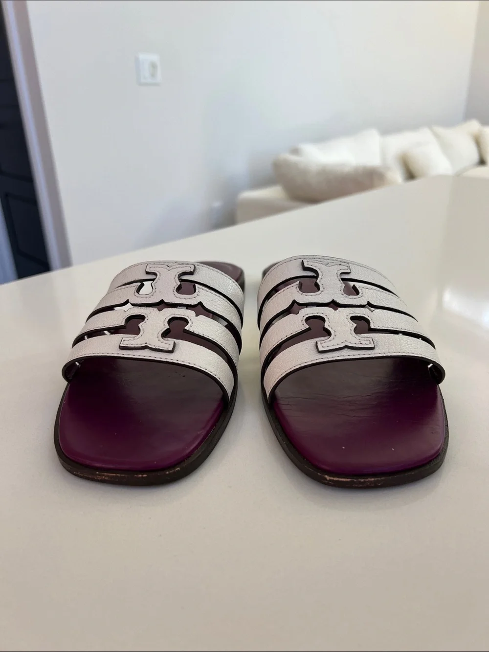 Tory Burch white and violet purple leather open toe flat sandals ines cage 9